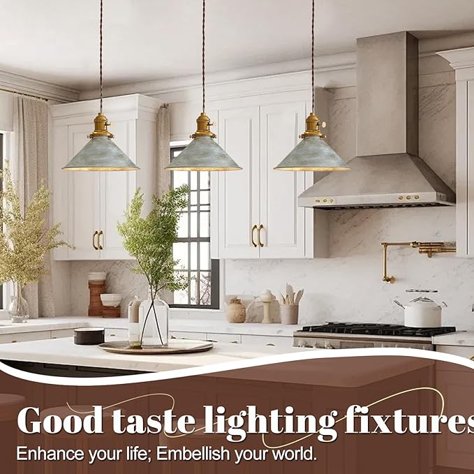 Rustic Pendant Light 2 Pack with Vintage Silver Metal Lampshade, Kitchen Island Pendant Light 6.5Ft Adjustable Hanging Lamp for Kitchen Island Dining Room Hallway