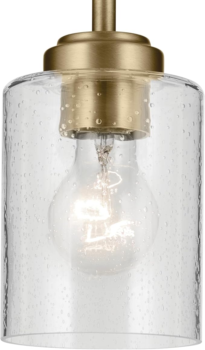 Kichler Winslow 7.5" 1-Light Mini Pendant Light with Clear Seeded Glass in Natural Brass for Kitchen, Bar, Laundry Sink, Bar Island (7.5" x 4.25"), 44032NBR