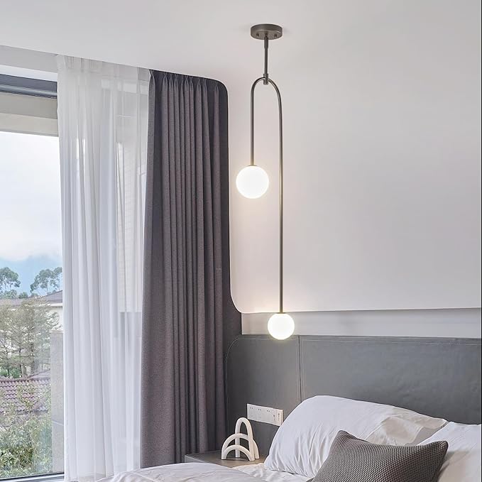 Modern Milk Glass Pendant Light 2 Light Mid Century Chandelier Small Glass Globe Black Pendant Lights for Kitchen Island Bedroom Dining (Metal Tube Removable, 1 Pack)