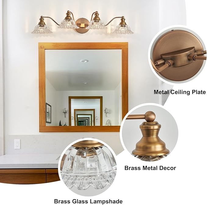 XIEDUN Brass 4 Light Vanity Lights for Bathroom Vanity Light Fixtures Bathroom Light Fixture