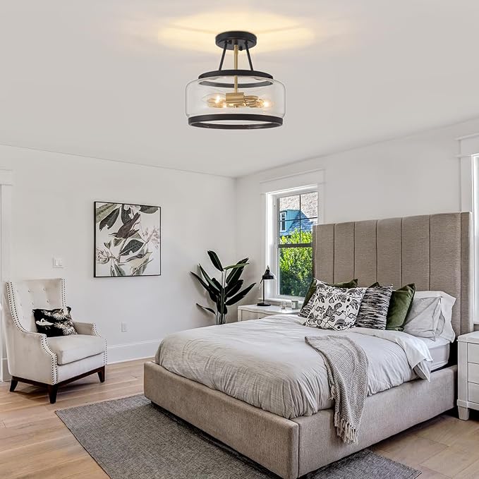 11.81" Black and Brushed Gold Close to Ceiling Light Fixtures, 3-Light Modern Drum Light Fixture, Hallway Ceiling Light, Glass Ceiling Lamp for Entryway Bedroom Laundry Room Dining Room Kitchen Lights