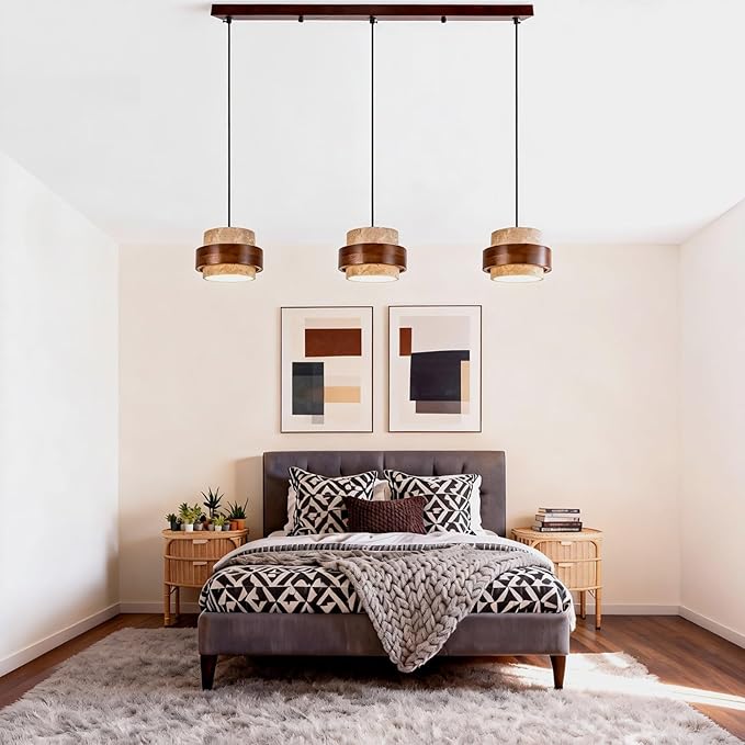 Wabi Sabi Pendant Light - Japandi Nordic Fixture Lamp, Natural Wood & Stone Concrete Chandelier for Japanese Bedroom, Kitchen Island & Dining Room (Yellow Travertine 3-Head)