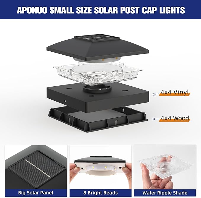 APONUO Solar Post Cap Lights for 4x4 Posts - IP64 Waterproof, 3000K LED, No-Wire Fence Lights & Deck Lights for Patio Garden Yard Patio, Black-Warm White, 12 Pack