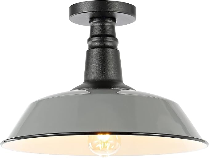 JONATHAN Y 14" Gray/Black 1-Light Industrial LED Semi Flush Mount Ceiling Light for Porch, Kitchen, Entryway, Modern Farmhouse Iron Fixture, White Metal Shade, LED Bulb Included (JYL7617D)