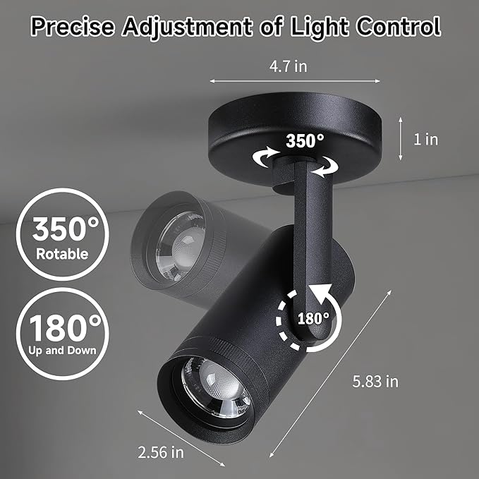 12W LED Dimmable Zoomable Ceiling Spotlight Indoor – Adjustable Beam Angle 10-55° Surface Mount Wired Accent Spot Light for Picture, Plants & Painting | Warm White 3000K CRI 97, Black