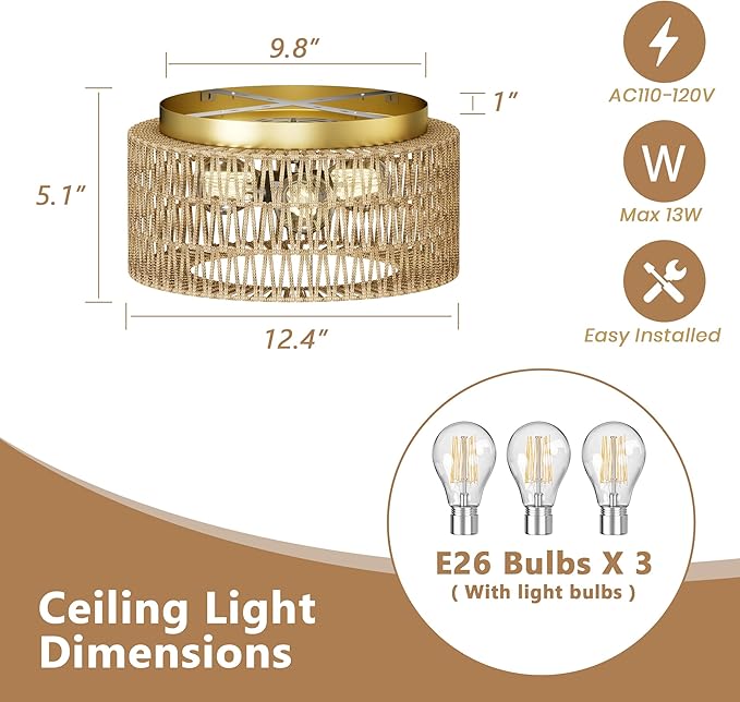 ROOMTEC 12.4" Rattan Flush Mount Ceiling Light, 3-Light Ceiling Fixture with Bulbs Included, Boho Woven Natural Fiber Dining Room Light for Bedroom Living Room Kitchen
