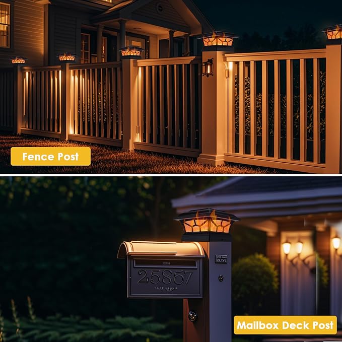 8 Pack Solar Post Cap Lights Outdoor Flickering Flame & Warm White, Fits 4x4 5x5 6x6 Wooden or Vinyl Posts, Waterproof Solar Fence Deck Lights for Yard Garden Patio Decoration.
