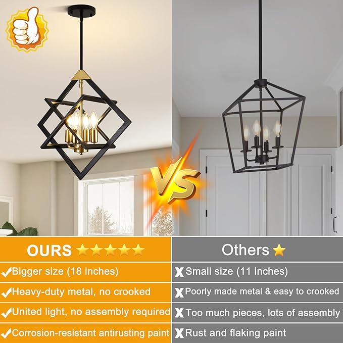 18" Modern Pendant Lights Kitchen Island, 4-Light Black and Gold Pendant Light Fixtures, Farmhouse Chandelier Kitchen Island Lighting, Industrial Hanging Pendant Lights for Kitchen Island Entryway
