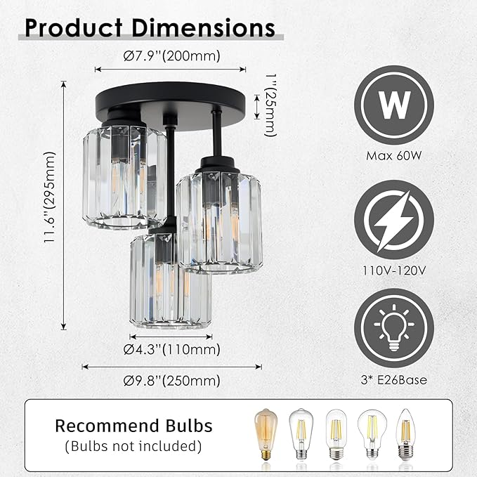 3-Light Modern Semi Flush Mount Ceiling Light, Crystal Ceiling Light with Clear K9 Crystal Shades, Black Close to Ceiling Light Fixtures for Hallway Kitchen Bathroom Entryway