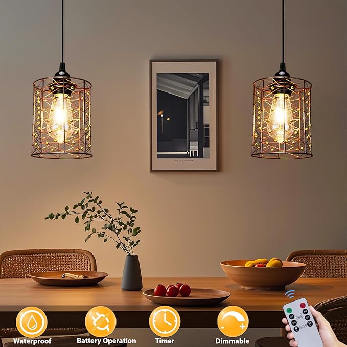 Battery Operated Hanging Outdoor Chandelier, Battery Power 5′′×6′′ Pendant Light, Gazebo Lights Outdoor, 4 AA Batteries, for Gazebo, Pergola, Porch, Patio, Indoor Outdoor Decor Lighting (2)