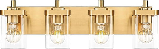 Bathroom Light Fixtures, 25" Brushed Gold Vanity Light, 4-Light Modern Wall Sconces with Square Clear Glass Shade, Vanity Lighting Fixtures Over Mirror, VL194-BG-4