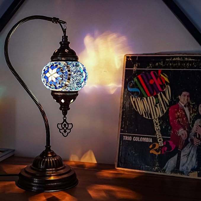 Turkish Mosaic Lamp, Blue Handmade Moroccon Lamp, Decorative Glass Antique Bohemian Vintage Colorful, Swan Neck Bedside Table Desk Lamp, (LED Bulb Included)