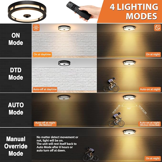 Outdoor Motion Sensor Ceiling Light with Remote,24W Dimmable & 2700K-5000K Adjustable Exterior Flush Mount Ceiling Lights,12" Outdoor Porch Light Fixture for Garage,Entryway,Patio,Black