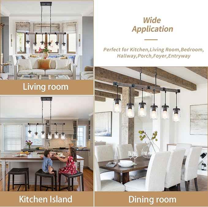 Farmhouse Kitchen Island Lighting, Mason Jar Chandelier, 6-Light Linear Rustic Chandelier, 30" Black Retro Imitative Wood Finish Pendant Light with Clear Glass Globes,Dining Room Bar Pool Table