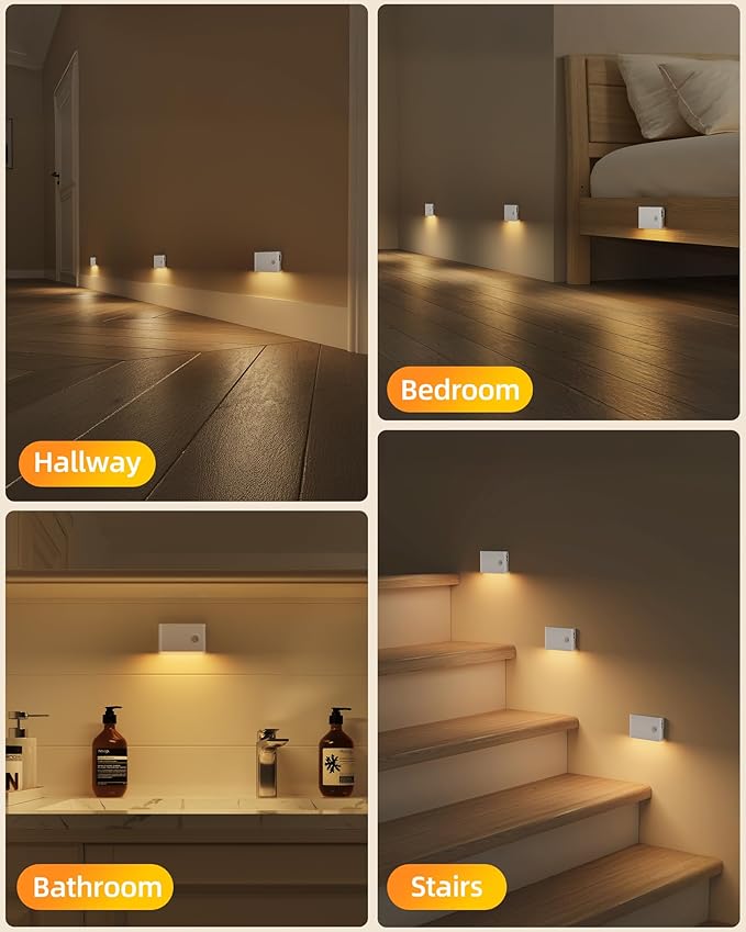 EZVALO Motion Sensor Stair Lights Indoor, Rechargeable Night Lights with Magnetic & Dimmable, Auto On/Off 3000K Soft White, Stick-On for Stairs, Hallway, Bathroom (4 Pack with Charging Station)