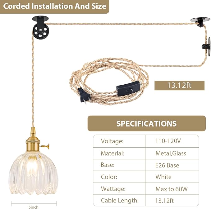 2 Pack Plug in Pendant Light Fixtures, Hanging Light Fixture Vintage Glass Pendant Light, Mini Transparent Tulip Hanging Lamp, Pendant Lighting for Kitchen Island, Bedroom, Dining Room, Living Room