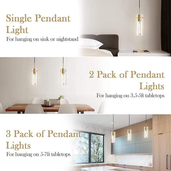 Gold Pendant Light Fixtures, 2 Pack Modern Pendant Lighting with Clear Striped Glass Shade, Hanging Pendant Lights Kitchen Island, Farmhouse Pendant Lighting for Dining Room Bedroom Bathroom