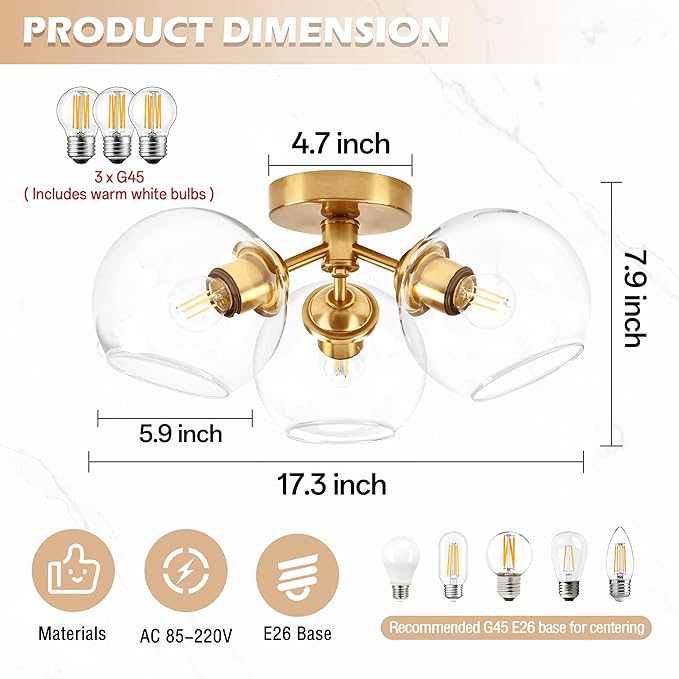 KoKo&Yukina 3-Light Mid Century Modern Gold Semi Flush Mount Ceiling Light Globe Sputnik Chandelier Fixture Clear Glass Globe Ceiling Lights for Bedroom Living Room Hallway Entryway Foyer