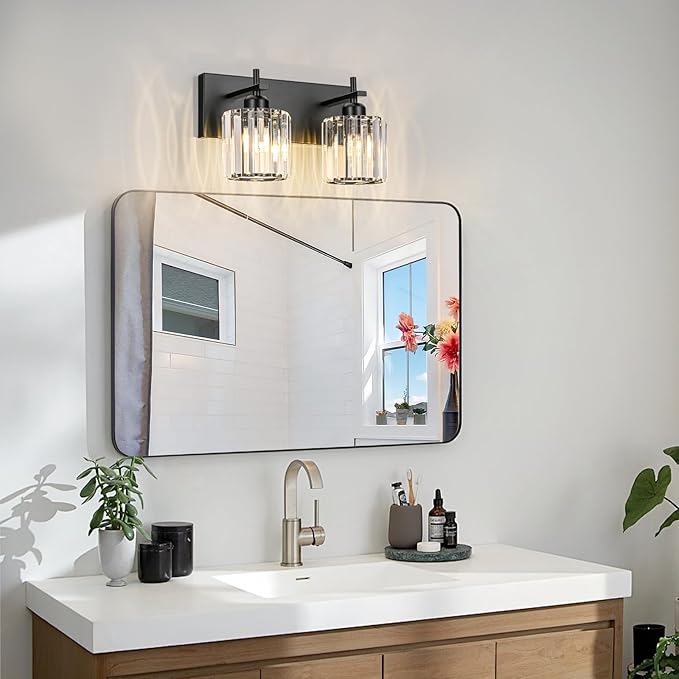 Black Crystal Bathroom Vanity Lights, Modern 2-Lights Bathroom Lighting Fixtures Over Mirror, Crystal Wall Lighting with Round Shade