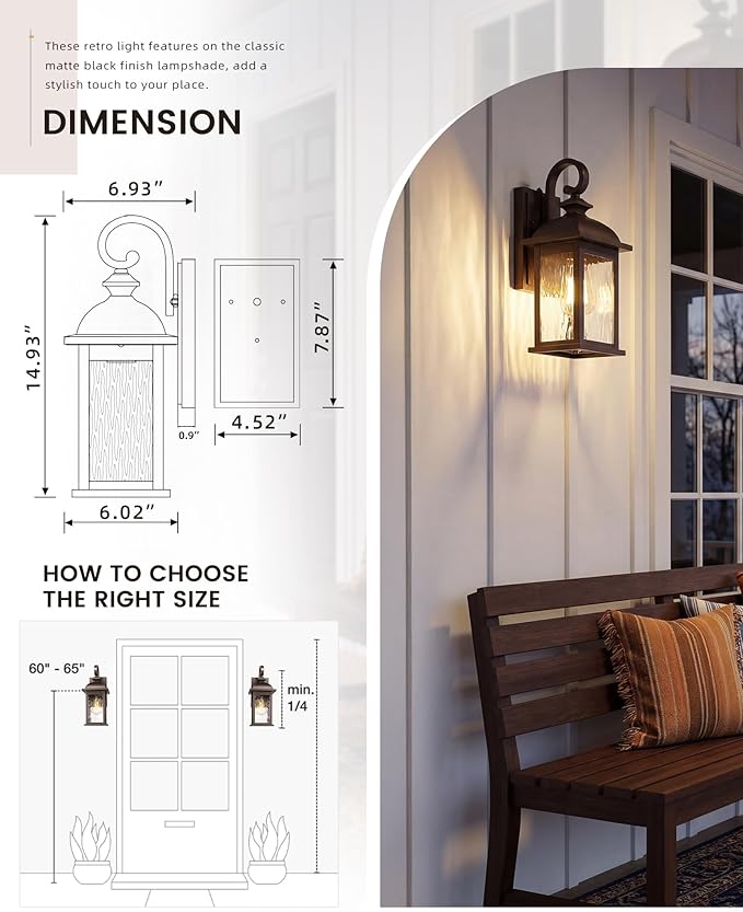 FEMILA Dusk to Dawn Outdoor Wall Sconces, 15" ORB Front Porch Light Fixtures Wall Mount, Exterior Light for Patio, Entryway, Garden, Water Ripple Glass, UL Listed, 4FD54B-PC ORB-WP
