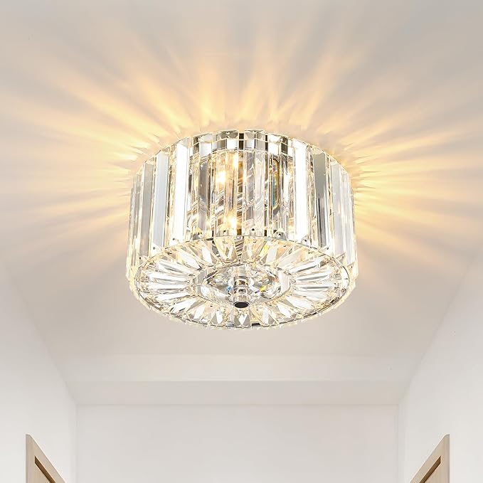 Crystal Ceiling Light, Modern Semi Flush Mount Ceiling Lighting Fixture, 8.89" Round Hallway Lighting Fixtures for Kitchen Entryway Laundry Room, 2-Light, Chrome, XDD007-1-CH