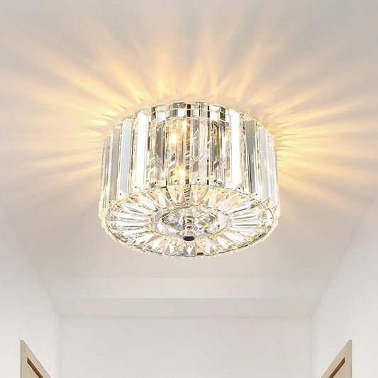 Crystal Ceiling Light, Modern Semi Flush Mount Ceiling Lighting Fixture, 8.89" Round Hallway Lighting Fixtures for Kitchen Entryway Laundry Room, 2-Light, Chrome, XDD007-1-CH