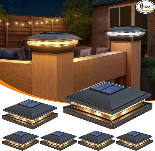 APONUO 6 Pack Fence Post Solar Lights, 2 Modes(Warm/Cool Light) Outdoor Waterproof 4x4 Post Solar Lights, Solar Powered Garden, Patio, Deck Decor for 4x4, 5x5, 5.5x5.5 Wood & Vinyl Posts, Black