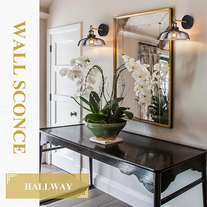 Vintage Wall Sconces Set of 2 Indoor 110V Hardwired Smoked Glass Wall Mounted Lamp Light Fixtures for Bathroom Vanity Kitchen Hallway Stairway, Anti-Rust Brushed Bronze Finish, E26 Base, WS-23061-D2