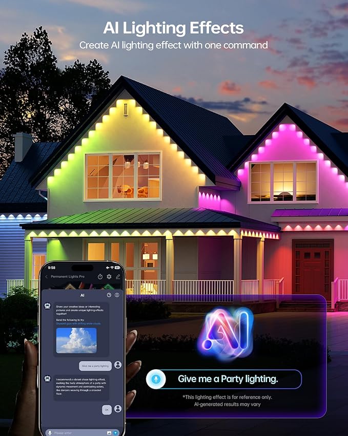 ASAHOM AI Permanent Outdoor Lights S107C, 150FT with 108 RGBCW LED Lights and Dual Output, 30,000 Lighting Effect Combination, IP67 Waterproof for House Halloween Christmas and Daily Decoration, Black