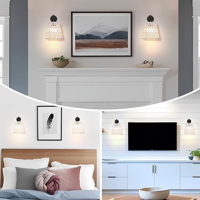 Boho Battery Operated Wall Sconce Set of 2, White Rattan Rechargeable Wall Lights with Dimmable Bulbs and Remote,15 Colors Wireless Wall Lamps for Bedroom Living Room Hallway Decor
