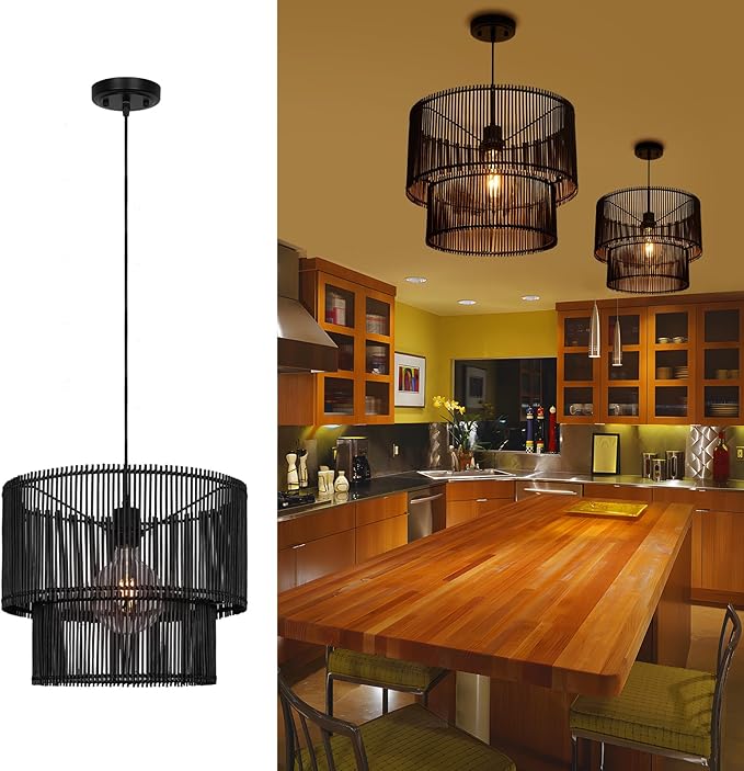 Woven Rattan Pendant Lamp, 16 Inch Large Natural Simple Hand Weaved Coastal Beach Black Rope Hanging Pendant Light Fixture for Dining Room Living Room Bedroom Kitchen Foyer