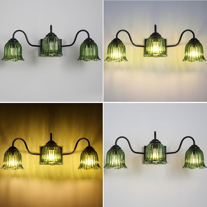Vintage Bathroom Light Fixture, Black 3-Light Vanity Light Fixtures with Crystal Green Shades, Matte Vanity Lighting Fixture Modern Wall Sconces for Bedroom Dressing Room Living Room