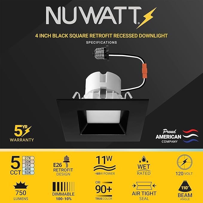 NUWATT 4 Pack, Black 4 Inch LED Ceiling Light Square Retrofit Can Light, 5CCT 2700K/3000K/3500K/4000K/5000K Selectable, 750 Lumens, 11W, Dimmable, ETL ES JA8 T24 Compliant, Wet & IC Rated
