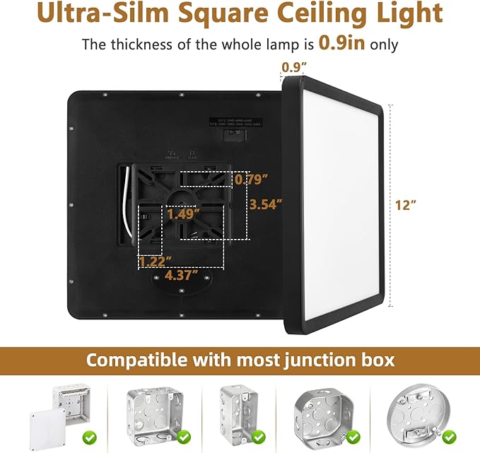 12 Inch 6PK Square LED Flush Mount Ceiling Light, 30W, 3000LM 3000K/4000K/6000K CCT Selectable, Square LED Flat Panel Ceiling Light Fixture for Bedroom,Kitchen,Living Room (Black)