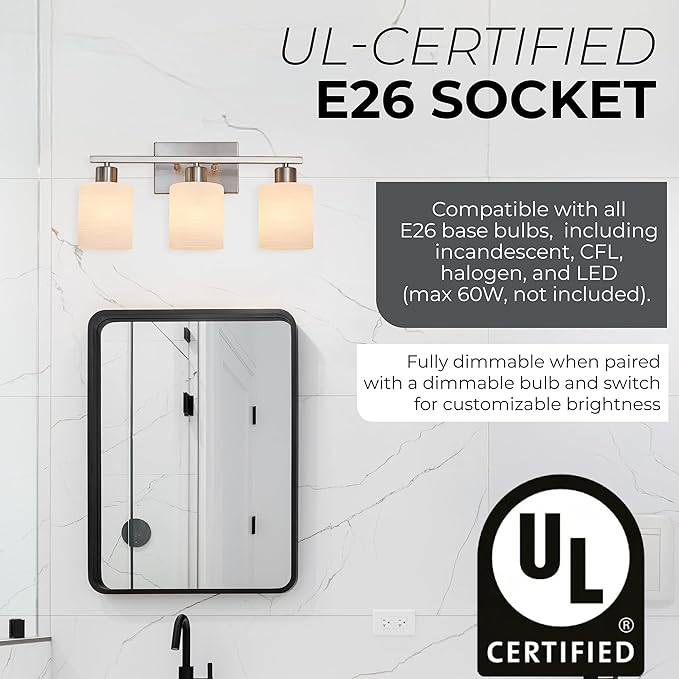 The Door Bull Modern Bathroom Vanity Light, Milky White Glass Shades, Wall Sconce for Bedroom & Living Room, E26 Socket, Over Mirror Lighting Fixture (Brushed Nickel, 3 Lights)