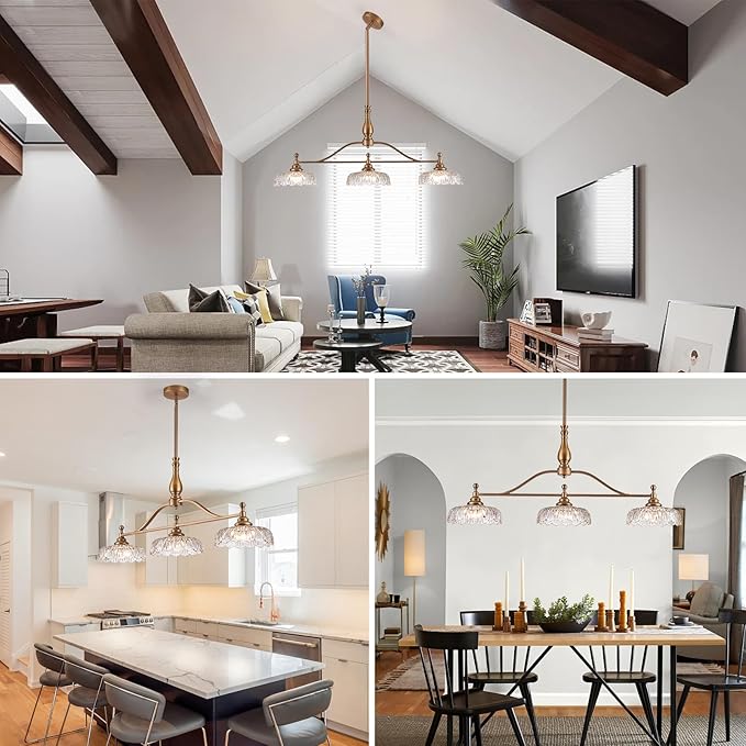 HDDFL Chandeliers Pendant Light Fixture Vintage Pendant Lighting Fixtures 3 Lights Chandelier Matte Brass Kitchen Glass Hanging Lamp for Island Dining Room Living Room