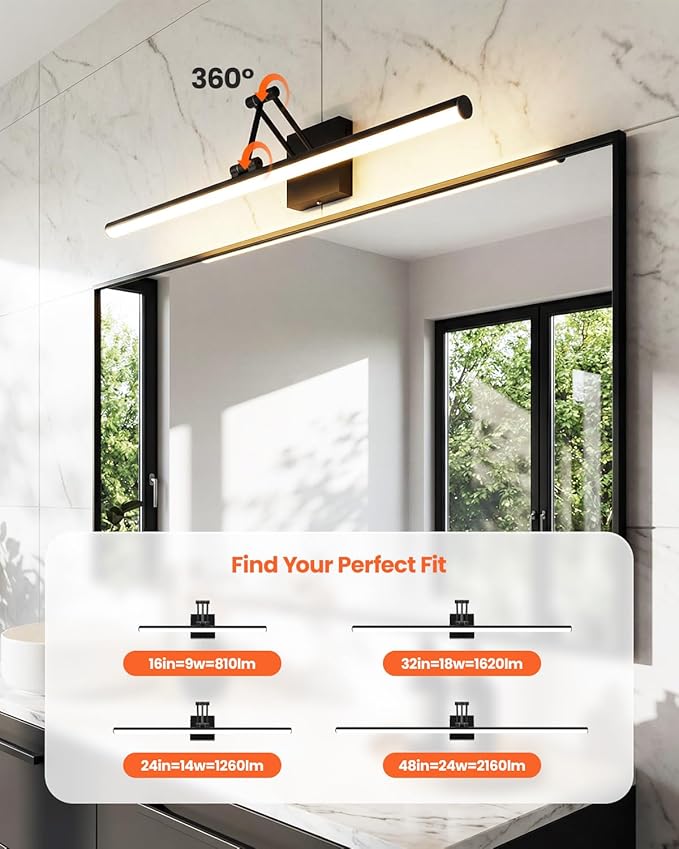 Black Bathroom Vanity Light Fixtures, Morden Vanity Lights with LED Lighting Bar, 5CCT&Dimmable Wall Sconce Lamp,16IN Rotatable Bathroom Light Fixture Over Small Mirror For Restroom Bedroom-ETL