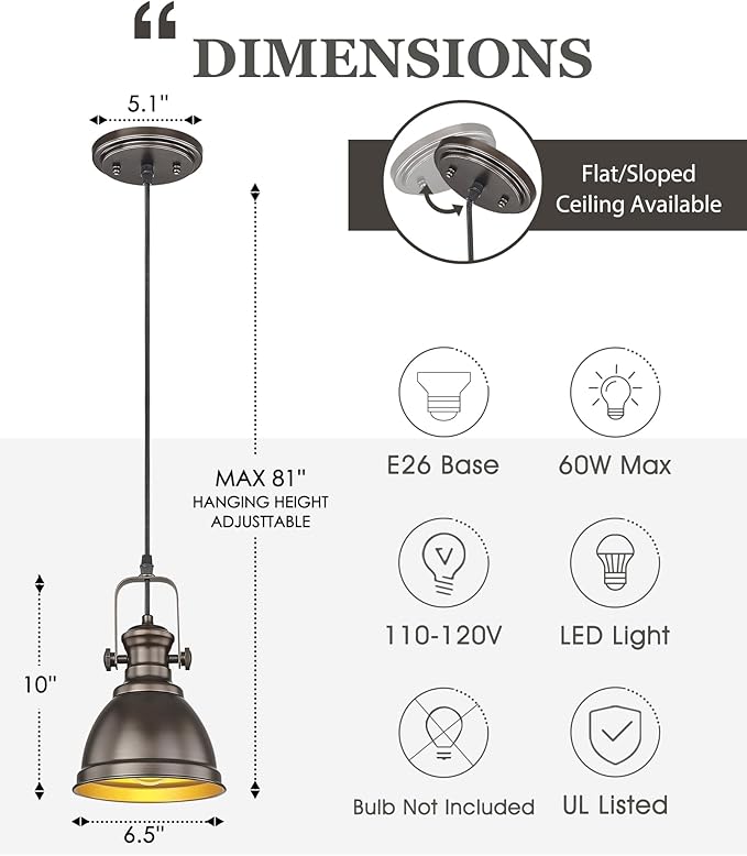 2 Pack Pendant Lights Kitchen Island, Farmhouse Hanging Lights Fixtures with Metal Shade, Rustic Kitchen Pendant Lighting Over Island for Dining Room, Oil Rubbed Bronze, AD-2151-1P2-ORB