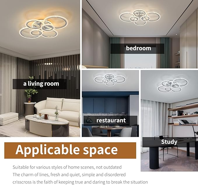 Garwarm Modern LED Ceiling Light Fixture,76W Dimmable LED Chandelier Flush Mount Ceiling Lights Remote Control,6 Ring Ceiling Lamp Fixture for Living Room Dining Room Bedroom(Chrome)