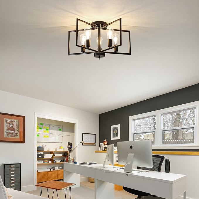 5-Light Black Semi-Flush Mount Ceiling Chandeliers, Geometric Five-Pointed Star Shape Industrial Metal Lighting Fixture for Foyer Entryway Hallway Living Room Modern Farmhouse Kitchen Island