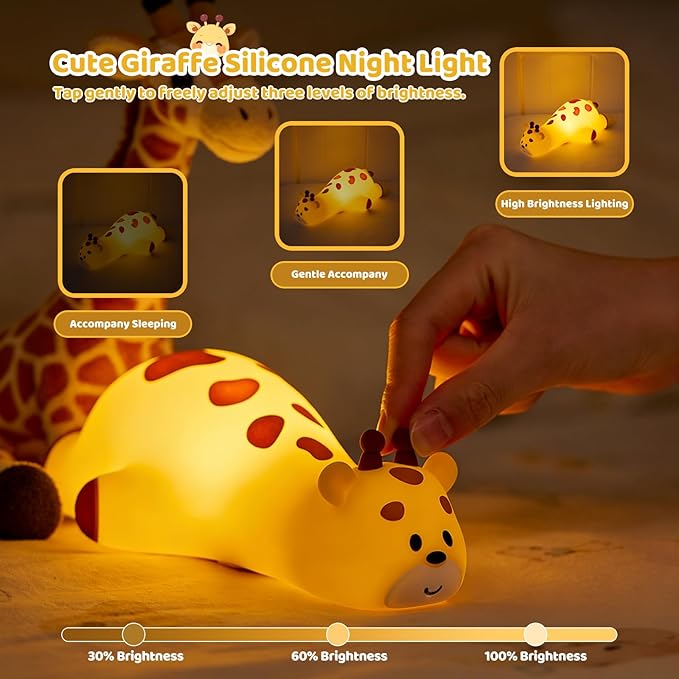 Kawaii Giraffe Lamp Silicone Night Light, Tap Control Squishy Baby Lights for Nursery, 3 Levels Dimmable Rechargeable LED Bedside Lamp with Timer, Giraffe Gifts for Toddler, Bedroom, Toy