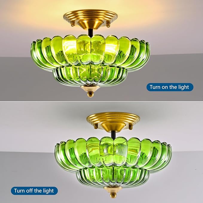 HuixuTe Modern Semi Flush Mount Ceiling Light, 3-Light Black Close to Ceiling Light Fixture with Green Glass Shade for Living Room Entryway Bedroom