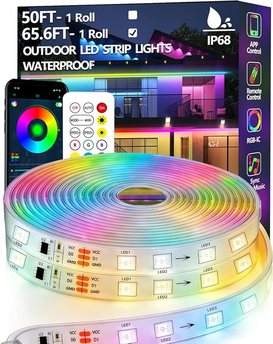 65.6FT Outdoor LED Strip Light Waterproof,IP68 Outside RGB+IC Light Strip with App/Remote Control,Chase Mode,Music Sync Light for Balcony,Deck,Rooftop,Garden,Pool