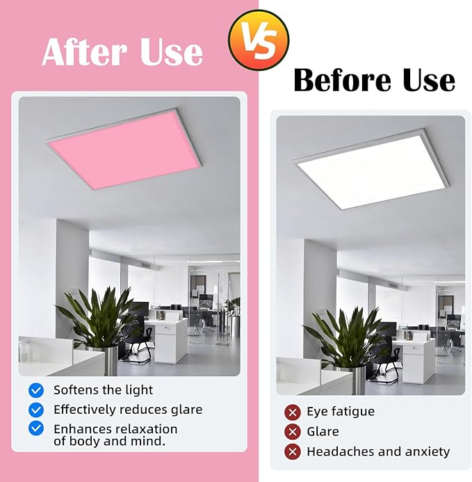 ANGSYLTH 2 x 2 Feet Fluorescent Light Covers - 4 Pcs Covers for Ceiling Lights, Magnetic Light Filters for Classroom, Office, Hospitals, Home (Light Pink)