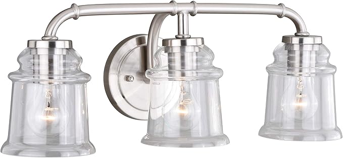 VAXCEL Toledo 3-Light 22 inch Wide Satin Nickel Industrial Bathroom Vanity Lighting Fixture, Clear Glass Shade, Dimmable, LED Compatible, Over The Mirror Mounted Steel Wall Sconce
