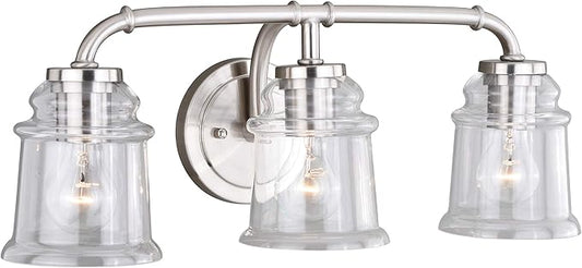 VAXCEL Toledo 3-Light 22 inch Wide Satin Nickel Industrial Bathroom Vanity Lighting Fixture, Clear Glass Shade, Dimmable, LED Compatible, Over The Mirror Mounted Steel Wall Sconce