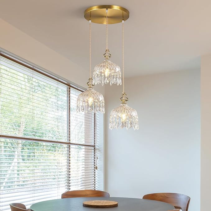 3-Light Pendant Light Fixtures Brass Vintage Glass Pendant Lights Crystal Hanging Light Fixtures,Adjustable Height Pendant Lighting for Dining Room Living Room Bedroom Hallway(Round Chassis)