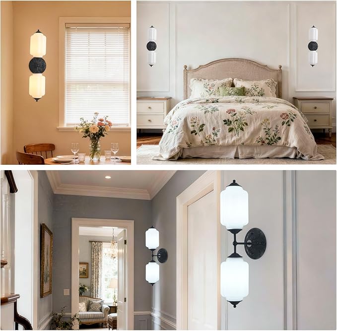 LOUSACE Vintage Milk White Glass Bathroom Vanity Light - 2-Light Wall Sconce with Aluminum Base & White Glass Shade - Wall Sconce Lighting for Bathroom Mirror Living Room Gallery (Bulbs Included)