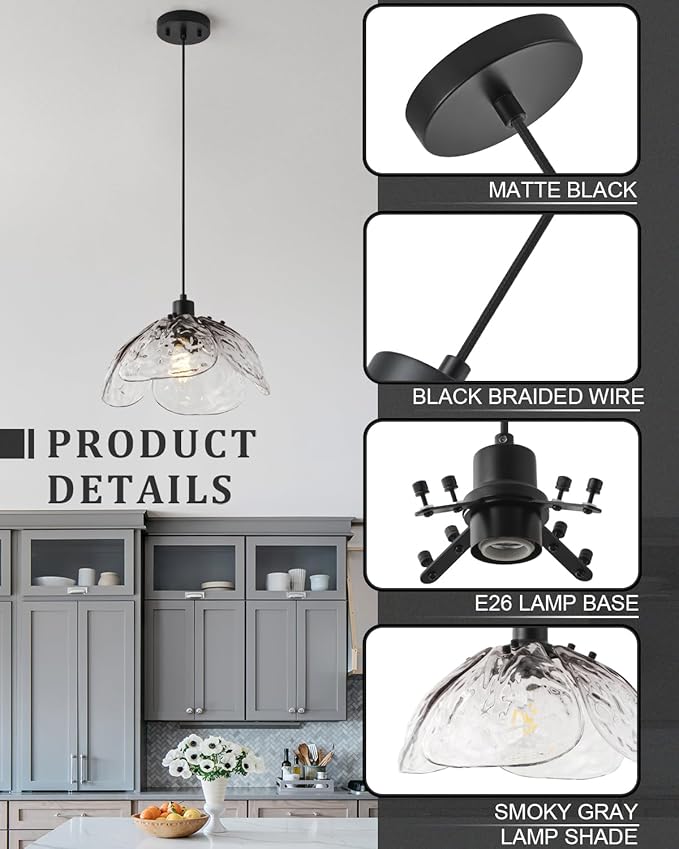 Vintage Gradient Smoke Gray Pendant Light,Black Pendant Lighting Fixture with Handmade Leaf Glass for Bedroom,Kitchen,Hallway,Entryway