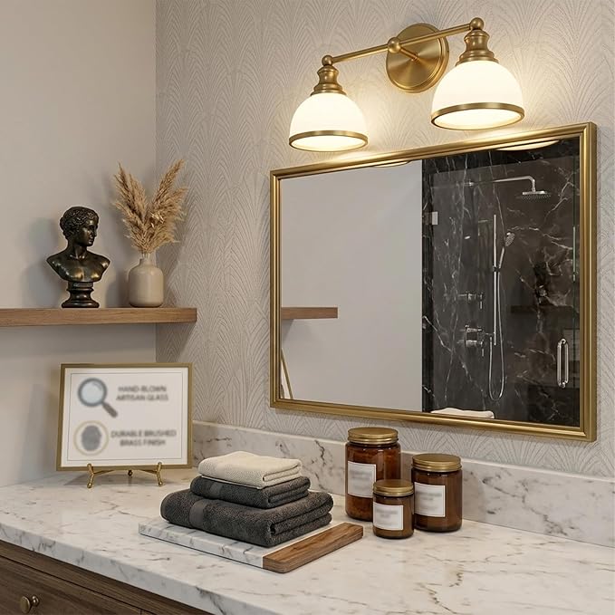 Hamilyeah 2-Light Gold Bathroom Vanity Light, Brushed Gold Wall Light Fixture with Milky White Glass Shades, Vintage Vanity Lighting for Bathroom, Powder Room, Bedroom, Hallway
